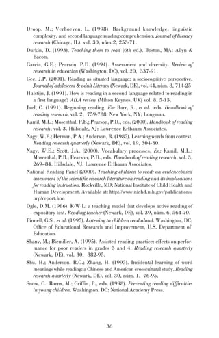 Droop, M.; Verhoeven, L. (1998). Background knowledge, linguistic
complexity, and second language reading comprehension. Journal of literacy
research (Chicago, IL), vol. 30, núm.2, 253-71.
Durkin, D. (1993). Teaching them to read (6th ed.). Boston, MA: Allyn &
Bacon.
Garcia, G.E.; Pearson, P.D. (1994). Assessment and diversity. Review of
research in education (Washington, DC), vol. 20, 337-91.
Gee, J.P. (2001). Reading as situated language: a sociocognitive perspective.
Journal of adolescent & adult Literacy (Newark, DE), vol. 44, núm. 8, 714-25
Hulstijn, J. (1991). How is reading in a second language related to reading in
a first language? AILA review (Milton Keynes, UK) vol. 8, 5-15.
Juel, C. (1991). Beginning reading. En: Barr, R., et al., eds. Handbook of
reading research, vol. 2, 759-788. New York, NY; Longman.
Kamil, M.L.; Mosenthal, P.B.; Pearson, P.D., eds. (2000). Handbook of reading
research, vol. 3. Hillsdale, NJ: Lawrence Erlbaum Associates.
Nagy, W.E.; Herman, P.A.; Anderson, R. (1985). Learning words from context.
Reading research quarterly (Newark, DE), vol. 19, 304-30.
Nagy, W.E.; Scott, J.A. (2000). Vocabulary processes. En: Kamil, M.L.;
Mosenthal, P.B.; Pearson, P.D., eds. Handbook of reading research, vol. 3,
269–84. Hillsdale, NJ: Lawrence Erlbaum Associates.
National Reading Panel (2000). Teaching children to read: an evidencebased
assessment of the scientific research literature on reading and its implications
for reading instruction. Rockville, MD; National Institute of Child Health and
Human Development. Available at: http://www.nichd.nih.gov/publications/
nrp/report.htm
Ogle, D.M. (1986). K-W-L: a teaching model that develops active reading of
expository text. Reading teacher (Newark, DE), vol. 39, núm. 6, 564-70.
Pinnell, G.S., et al. (1995). Listening to children read aloud. Washington, DC;
Office of Educational Research and Improvement, U.S. Department of
Education.
Shany, M.; Biemiller, A. (1995). Assisted reading practice: effects on performance for poor readers in grades 3 and 4. Reading research quarterly
(Newark, DE), vol. 30, 382-95.
Shu, H.; Anderson, R.C.; Zhang, H. (1995). Incidental learning of word
meanings while reading: a Chinese and American crosscultural study. Reading
research quarterly (Newark, DE), vol. 30, núm. 1, 76-95.
Snow, C.; Burns, M.; Griffin, P., eds. (1998). Preventing reading difficulties
in young children. Washington, DC: National Academy Press.

36

 