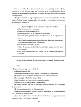 Elaborar un cuadro de contraste entre la clase convencional y la clase reflexiva
(considerar en esta última el papel que tienen los temas generadores, las imágenes
mentales, las actividades de comprensión, los niveles de comprensión y las representa-
ciones potentes).
   6. En equipo, comentar y registrar por escrito las conclusiones derivadas de la dis-
cusión. Modificar los escritos elaborados en la actividad 4 incorporando los elementos
propuestos por los autores.

                  Sugerencias para recopilar evidencias en la escuela secundaria
        a) Charlas con alumnos y maestros.
        b) Registro de situaciones escolares.
        c) Copia de una parte de un cuaderno de los alumnos.
        Estas evidencias apoyarán el trabajo de análisis acerca de los siguientes as-
        pectos:
         • Las características del conocimiento frágil y su relación con el pensamien-
           to pobre (apuntes, ejercicios, testimonios).
         • La utilidad que tienen sus apuntes.
         • El tipo de retos que les demandan las actividades que comúnmente hacen
           en la escuela.
         • Qué hacen los estudiantes para cumplir con las exigencias de todos los
           maestros.



        Bloque II. Los alumnos de secundaria y sus procesos de aprendizaje

        Temas
1. El aprendizaje como proceso individual.
    a) ¿Qué significa aprender?
    b) La reflexión sobre los propios saberes y el aprendizaje comprensivo.
    c) El ejercicio de las habilidades intelectuales en las actividades de clase.
    2. Las estrategias individuales de aprendizaje
    a) La organización del conocimiento a través del estudio.
    b) La descripción, la interpretación y la explicación.
    c) El trabajo individual, la puesta en común y el perfeccionamiento de las estrategias
de aprendizaje.
    3. El proceso de aprendizaje en el grupo escolar.
    a) La enseñanza homogénea dirigida al grupo vs. la diversidad de ritmos de aprendi-
zaje e intereses de los estudiantes.
    b) Las actitudes del maestro hacia los alumnos en la clase, sus repercusiones en el
avance del grupo y en el rezago individual.

                                           20
 
