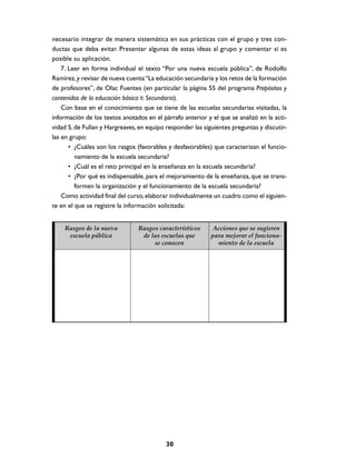 necesario integrar de manera sistemática en sus prácticas con el grupo y tres con-
ductas que deba evitar. Presentar algunas de estas ideas al grupo y comentar si es
posible su aplicación.
    7. Leer en forma individual el texto “Por una nueva escuela pública”, de Rodolfo
Ramírez, y revisar de nueva cuenta “La educación secundaria y los retos de la formación
de profesores”, de Olac Fuentes (en particular la página 55 del programa Propósitos y
contenidos de la educación básica II. Secundaria).
    Con base en el conocimiento que se tiene de las escuelas secundarias visitadas, la
información de los textos anotados en el párrafo anterior y el que se analizó en la acti-
vidad 5, de Fullan y Hargreaves, en equipo responder las siguientes preguntas y discutir-
las en grupo:
       • ¿Cuáles son los rasgos (favorables y desfavorables) que caracterizan el funcio-
         namiento de la escuela secundaria?
       • ¿Cuál es el reto principal en la enseñanza en la escuela secundaria?
       • ¿Por qué es indispensable, para el mejoramiento de la enseñanza, que se trans-
         formen la organización y el funcionamiento de la escuela secundaria?
    Como actividad final del curso, elaborar individualmente un cuadro como el siguien-
te en el que se registre la información solicitada:


    Rasgos de la nueva          Rasgos característicos       Acciones que se sugieren
     escuela pública             de las escuelas que        para mejorar el funciona-
                                     se conocen               miento de la escuela




                                           30
 