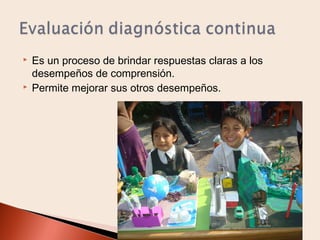 



Es un proceso de brindar respuestas claras a los
desempeños de comprensión.
Permite mejorar sus otros desempeños.

 