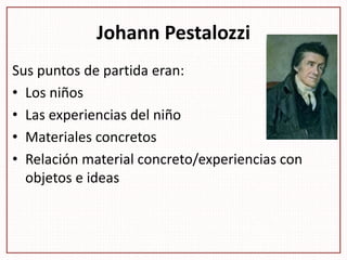 Johann Pestalozzi
Sus puntos de partida eran:
• Los niños
• Las experiencias del niño
• Materiales concretos
• Relación material concreto/experiencias con
objetos e ideas
 