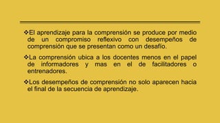 El aprendizaje para la comprensión se produce por medio
de un compromiso reflexivo con desempeños de
comprensión que se presentan como un desafío.
La comprensión ubica a los docentes menos en el papel
de informadores y mas en el de facilitadores o
entrenadores.
Los desempeños de comprensión no solo aparecen hacia
el final de la secuencia de aprendizaje.
 