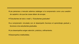 Las personas a menudo solemos catalogar a la comprensión como una cuestión
de captarlo o de que las cosas deben de encajar.
“Estudiantes de todo o nada” y “Estudiantes graduales”
La comprensión vinculada con el desempeño favorece el aprendizaje gradual y
favorece a los estudiantes graduales.
Los desempeños exigen atención, práctica y refinamiento.
Desempeños indefectibles.
 