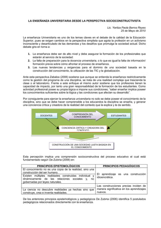 LA ENSEÑANZA UNIVERSITARIA DESDE LA PERSPECTIVA SOCIOCONSTRUCTIVISTA

                                                                        Lic. Yaritza Paola Barros Reyes
                                                                                    25 de Mayo de 2010

La enseñanza Universitaria es uno de los temas claves en el debate de la calidad de la Educación
Superior, pues se exigen cambios en la perspectiva simplista que agota la profesión en un activismo
inconsciente y desarticulado de las demandas y los desafíos que promulga la sociedad actual. Dicho
debate gira en torna a:

    1. La enseñanza debe ser de alto nivel y debe asegurar la formación de los profesionales que
        estarán al servicio de la sociedad.
    2. La falta de preparación para la docencia universitaria, o lo que es igual la falta de información/
       formación previa sobre cómo afrontar el proceso de enseñanza.
    3. Las nuevas tendencias y exigencias para el dominio de una sociedad basada en la
       construcción del conocimiento, la utilización de las TIC y la globalización.

Ante esta perspectiva Zabalza (2006) sostiene que aunque se entienda la enseñanza restrictivamente
como la gestión del programa de una disciplina, se trata de una realidad compleja que trasciende la
clase o el laboratorio. Frente a este enfoque el mismo autor sostiene que los profesores tienen la
capacidad de impacto, por tanto una gran responsabilidad de la formación de los estudiantes. Como
actividad profesional posee su propia lógica e impone sus condiciones; “saber enseñar implica poseer
los conocimientos suficientes sobre la lógica y las condiciones que afectan su desarrollo”.

Por consiguiente para ejercer la enseñanza universitaria no solo se debe poseer el conocimiento de la
disciplina, sino que se debe hacer comprensible a los educandos la disciplina se enseña, y generar
una conciencia crítica y creadora de la realidad del contexto que la explica y le da sentido.


                                         COMPRENSIÓN DEL
              DOCENTES                                                     ESTUDIANTES
                                          CONOCIMIENTO




                                CONCIENCIA CRÍTICA Y CREADORA DEL
                                            CONTEXTO




                        CONSTRUCCIÓN DE UNA SOCIEDAD JUSTA BASADA EN
                                      EL CONOCIMIENTO



Esta percepción implica una comprensión socioconstructiva del proceso educativo el cual está
fundamentado según De Zubiria (2006) en:

           PRINCIPIOS EPISTEMOLÓGICOS                               PRINCIPIOS PEDAGÓGICOS
El conocimiento no es una copia de la realidad, sino una
construcción del ser humano.
                                                               El aprendizaje es una construcción
Existen múltiples realidades construidas individual y
                                                               idiosincrática.
dinámicamente de las relaciones sociales y, no
gobernadas por leyes naturales.
                                                               Las construcciones previas inciden de
La ciencia no descubre realidades ya hechas sino que           manera significativa en los aprendizajes
construye, crea e inventa realidades.                          nuevos.

De los anteriores principios epistemológicos y pedagógicos De Zubiria (2006) identifica 5 postulados
pedagógicos relacionados directamente con la enseñanza.
 