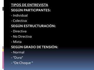 TIPOS DE ENTREVISTA
SEGÚN PARTICIPANTES:
- Individual
- Colectiva
SEGÚN ESTRUCTURACIÓN:
- Directiva
- No Directiva
- Mixta
SEGÚN GRADO DETENSIÓN:
- Normal
- "Dura"
- "De Choque "
 