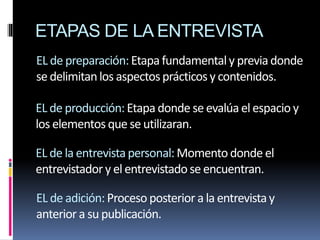 ETAPAS DE LA ENTREVISTA
EL de preparación:Etapafundamentaly previadonde
se delimitanlos aspectosprácticosy contenidos.
EL de producción:Etapa donde se evalúa el espacio y
los elementosque se utilizaran.
EL de la entrevistapersonal:Momentodonde el
entrevistadory el entrevistadose encuentran.
EL de adición:Proceso posterior a la entrevistay
anterior a su publicación.
 
