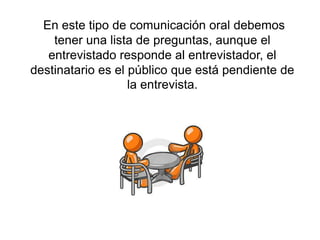 En este tipo de comunicación oral debemos
    tener una lista de preguntas, aunque el
   entrevistado responde al entrevistador, el
destinatario es el público que está pendiente de
                   la entrevista.
 