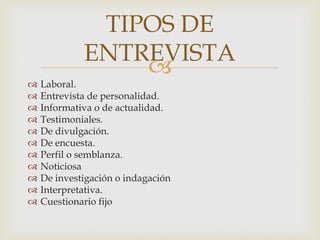 











TIPOS DE
ENTREVISTA


Laboral.
Entrevista de personalidad.
Informativa o de actualidad.
Testimoniales.
De divulgación.
De encuesta.
Perfil o semblanza.
Noticiosa
De investigación o indagación
Interpretativa.
Cuestionario fijo

 