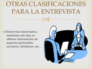 OTRAS CLASIFICACIONES
PARA LA ENTREVISTA



 Entrevista informativa:
mediante este tipo se
obtiene información de
aspectos personales,
escolares, familiares, etc.

 