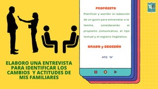 ELABORO UNA ENTREVISTA
PARA IDENTIFICAR LOS
CAMBIOS Y ACTITUDES DE
MIS FAMILIARES
Planificar y escribir la redacción
de un guion para entrevistar a la
familia, considerando el
propósito comunicativo, el tipo
textual y el registro lingüístico.
PROPÓSITO
GRADO y SECCIÓN
4TO "A"
 