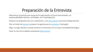 Preparación de la Entrevista
Determinar la posición que ocupa de la organización el futuro entrevistado, sus
responsabilidades básicas, actividades, etc. (Investigación).
Preparar las preguntas que van a plantearse, y los documentos necesarios (Organización).
Fijar un límite de tiempo y preparar la agenda para la entrevista. (Sicología).
Elegir un lugar donde se puede conducir la entrevista con la mayor comodidad (Sicología).
Hacer la cita con la debida anticipación (Planeación).
 
