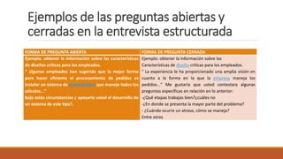 Ejemplos de las preguntas abiertas y
cerradas en la entrevista estructurada
FORMA DE PREGUNTA ABIERTA FORMA DE PREGUNTA CERRADA
Ejemplo: obtener la información sobre las características
de diseños críticas para los empleados.
" algunos empleados han sugerido que la mejor forma
para hacer eficiente el procesamiento de pedidos es
instalar un sistema de computadora que maneje todos los
cálculos..."
bajo estas circunstancias ¿ apoyaría usted el desarrollo de
un sistema de este tipo?.
Ejemplo: obtener la información sobre las
Características de diseño críticas para los empleados.
" La experiencia le ha proporcionado una amplia visión en
cuanto a la forma en la que la empresa maneja los
pedidos..." Me gustaría que usted contestara algunas
preguntas específicas en relación en lo anterior:
-¿Qué etapas trabajas bien?¿cuáles no
-¿En donde se presenta la mayor parte del problema?
- ¿Cuándo ocurre un atraso, cómo se maneja?
Entre otros
 