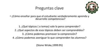Preguntas clave
• ¿Cómo enseñar para que el estudiante verdaderamente aprenda y
desarrolle competencias?
1. ¿Qué tópicos ( o temas) vale la pena comprender?
2. ¿Qué aspectos de esos tópicos deben ser comprendidos?
3. ¿Cómo podemos promover la comprensión?
4. ¿Cómo podemos averiguar lo que comprenden los alumnos?
(Stone Wiske,1999:95)
 