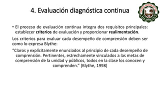 4. Evaluación diagnóstica continua
• El proceso de evaluación continua integra dos requisitos principales:
establecer criterios de evaluación y proporcionar realimentación.
Los criterios para evaluar cada desempeño de comprensión deben ser
como lo expresa Blythe:
“Claros y explícitamente enunciados al principio de cada desempeño de
comprensión. Pertinentes, estrechamente vinculados a las metas de
comprensión de la unidad y públicos, todos en la clase los conocen y
comprenden.” (Blythe, 1998)
 