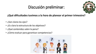 Discusión preliminar:
¿Qué dificultades tuvimos a la hora de planear el primer trimestre?
• ¿Son claros los ejes?
• ¿Es clara la estructura de los objetivos?
• ¿Qué contenidos valen la pena?
• ¿Cómo evaluar para garantizar competencias?
 