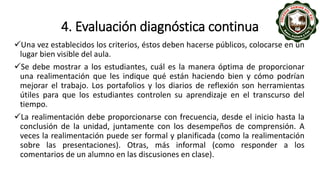 4. Evaluación diagnóstica continua
Una vez establecidos los criterios, éstos deben hacerse públicos, colocarse en un
lugar bien visible del aula.
Se debe mostrar a los estudiantes, cuál es la manera óptima de proporcionar
una realimentación que les indique qué están haciendo bien y cómo podrían
mejorar el trabajo. Los portafolios y los diarios de reflexión son herramientas
útiles para que los estudiantes controlen su aprendizaje en el transcurso del
tiempo.
La realimentación debe proporcionarse con frecuencia, desde el inicio hasta la
conclusión de la unidad, juntamente con los desempeños de comprensión. A
veces la realimentación puede ser formal y planificada (como la realimentación
sobre las presentaciones). Otras, más informal (como responder a los
comentarios de un alumno en las discusiones en clase).
 