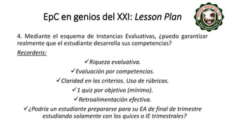 EpC en genios del XXI: Lesson Plan
4. Mediante el esquema de Instancias Evaluativas, ¿puedo garantizar
realmente que el estudiante desarrolla sus competencias?
Recorderis:
Riqueza evaluativa.
Evaluación por competencias.
Claridad en los criterios. Uso de rúbricas.
1 quiz por objetivo (mínimo).
Retroalimentación efectiva.
¿Podría un estudiante prepararse para su EA de final de trimestre
estudiando solamente con los quices o IE trimestrales?
 