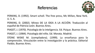 Referencias
PERKINS, D. (1992). Smart scholl. The free press, Mc Millan, New York.
U. S. A.
PERKINS, D. (2002). Mineo DE LA IDEA A LA ACCIÓN. Traducción al
español de Patricia León. Buenos Aires.
PIAGET, J. (1970). Psicología de la inteligencia. Ed. Psique. Buenos Aires.
PIAGET, J. (1984). Psicología del niño. Ed. Morata. Madrid.
STONE WISKE M. (compiladora). (1999). La enseñanza para la
comprensión. Vinculación entre la investigación y la práctica. Editorial
Paidós. Buenos Aires.
 