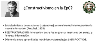 ¿Constructivismo en la EpC?
• Establecimiento de relaciones (sustantivas) entre el conocimiento previo y la
nueva información (Ausubel, 1978).
• REESTRUCTURACIÓN: interacción entre los esquemas mentales del sujeto y
la nueva información.
• Diferencia entre aprendizajes mecánicos y aprendizajes SIGNIFICATIVOS.
 