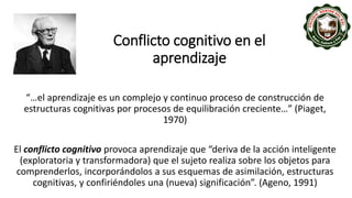 Conflicto cognitivo en el
aprendizaje
“…el aprendizaje es un complejo y continuo proceso de construcción de
estructuras cognitivas por procesos de equilibración creciente…” (Piaget,
1970)
El conflicto cognitivo provoca aprendizaje que “deriva de la acción inteligente
(exploratoria y transformadora) que el sujeto realiza sobre los objetos para
comprenderlos, incorporándolos a sus esquemas de asimilación, estructuras
cognitivas, y confiriéndoles una (nueva) significación”. (Ageno, 1991)
 