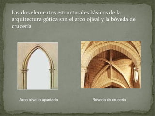 Los dos elementos estructurales básicos de la arquitectura gótica son el arco ojival y la bóveda de crucería Arco ojival o apuntado  Bóveda de crucería 