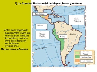 Antes de la llegada de
los españoles vivían en
América gran variedad
de pueblos y culturas,
entre ellos destacan
tres brillantes
civilizaciones:
Mayas, Incas y Aztecas
7) La América Precolombina: Mayas, Incas y Aztecas
 