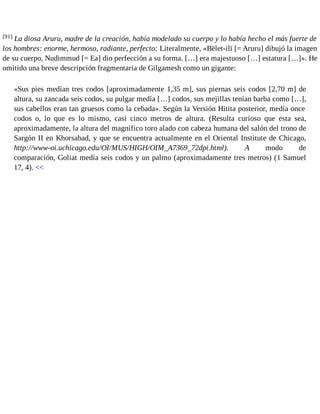 [91] La diosa Aruru, madre de la creación, había modelado su cuerpo y lo había hecho el más fuerte de 
los hombres: enorme, hermoso, radiante, perfecto: Literalmente, «Bēlet-ilī [= Aruru] dibujó la imagen 
de su cuerpo, Nudimmud [= Ea] dio perfección a su forma. […] era majestuoso […] estatura […]». He 
omitido una breve descripción fragmentaria de Gilgamesh como un gigante: 
«Sus pies medían tres codos [aproximadamente 1,35 m], sus piernas seis codos [2,70 m] de 
altura, su zancada seis codos, su pulgar medía […] codos, sus mejillas tenían barba como […], 
sus cabellos eran tan gruesos como la cebada». Según la Versión Hitita posterior, medía once 
codos o, lo que es lo mismo, casi cinco metros de altura. (Resulta curioso que esta sea, 
aproximadamente, la altura del magnífico toro alado con cabeza humana del salón del trono de 
Sargón II en Khorsabad, y que se encuentra actualmente en el Oriental Institute de Chicago, 
http://www-oi.uchicago.edu/OI/MUS/HIGH/OIM_A7369_72dpi.html). A modo de 
comparación, Goliat medía seis codos y un palmo (aproximadamente tres metros) (1 Samuel 
17, 4). << 
 