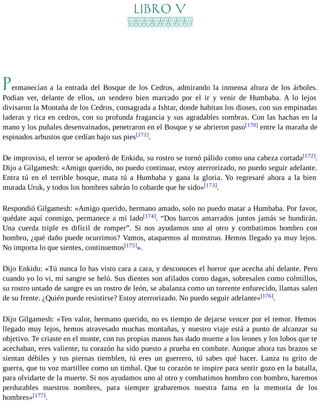 LIBRO V 
Permanecían a la entrada del Bosque de los Cedros, admirando la inmensa altura de los árboles. 
Podían ver, delante de ellos, un sendero bien marcado por el ir y venir de Humbaba. A lo lejos 
divisaron la Montaña de los Cedros, consagrada a Ishtar, donde habitan los dioses, con sus empinadas 
laderas y rica en cedros, con su profunda fragancia y sus agradables sombras. Con las hachas en la 
mano y los puñales desenvainados, penetraron en el Bosque y se abrieron paso[170] entre la maraña de 
espinados arbustos que cedían bajo sus pies[171]. 
De improviso, el terror se apoderó de Enkidu, su rostro se tornó pálido como una cabeza cortada[172]. 
Dijo a Gilgamesh: «Amigo querido, no puedo continuar, estoy aterrorizado, no puedo seguir adelante. 
Entra tú en el terrible bosque, mata tú a Humbaba y gana la gloria. Yo regresaré ahora a la bien 
murada Uruk, y todos los hombres sabrán lo cobarde que he sido»[173]. 
Respondió Gilgamesh: «Amigo querido, hermano amado, solo no puedo matar a Humbaba. Por favor, 
quédate aquí conmigo, permanece a mi lado[174]. “Dos barcos amarrados juntos jamás se hundirán. 
Una cuerda triple es difícil de romper”. Si nos ayudamos uno al otro y combatimos hombro con 
hombro, ¿qué daño puede ocurrimos? Vamos, ataquemos al monstruo. Hemos llegado ya muy lejos. 
No importa lo que sientes, continuemos[175]». 
Dijo Enkidu: «Tú nunca lo has visto cara a cara, y desconoces el horror que acecha ahí delante. Pero 
cuando yo lo vi, mi sangre se heló. Sus dientes son afilados como dagas, sobresalen como colmillos, 
su rostro untado de sangre es un rostro de león, se abalanza como un torrente enfurecido, llamas salen 
de su frente. ¿Quién puede resistirse? Estoy aterrorizado. No puedo seguir adelante»[176]. 
Dijo Gilgamesh: «Ten valor, hermano querido, no es tiempo de dejarse vencer por el temor. Hemos 
llegado muy lejos, hemos atravesado muchas montañas, y nuestro viaje está a punto de alcanzar su 
objetivo. Te criaste en el monte, con tus propias manos has dado muerte a los leones y los lobos que te 
acechaban, eres valiente, tu corazón ha sido puesto a prueba en combate. Aunque ahora tus brazos se 
sientan débiles y tus piernas tiemblen, tú eres un guerrero, tú sabes qué hacer. Lanza tu grito de 
guerra, que tu voz martillee como un timbal. Que tu corazón te inspire para sentir gozo en la batalla, 
para olvidarte de la muerte. Si nos ayudamos uno al otro y combatimos hombro con hombro, haremos 
perdurables nuestros nombres, para siempre grabaremos nuestra fama en la memoria de los 
hombres»[177]. 
 