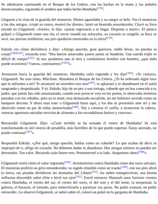 Se adentraron caminando en el Bosque de los Cedros, con las hachas en la mano y los puñales 
desenvainados, siguiendo el sendero que había hecho Humbaba[178]. 
Llegaron a la vista de la guarida del monstruo. Dentro aguardaba y su sangre se heló. Vio el monstruo 
a los dos amigos, crispó su rostro, mostró los dientes, lanzó un bramido ensordecedor. Clavó su fiera 
mirada en Gilgamesh. «Joven», le dijo, «jamás regresarás a tu hogar. Disponte a morir». El pánico 
golpeó a Gilgamesh como una ola, el terror inundó sus músculos, su corazón se congeló, su boca se 
secó, sus piernas temblaron, sus pies quedaron enraizados en la tierra[179]. 
Enkidu vio cómo desfallecía y dijo: «Amigo querido, gran guerrero, noble héroe, no pierdas tu 
coraje[180][181], recuerda esto: “Dos barcos amarrados juntos jamás se hundirán. Una cuerda triple es 
difícil de romper[182]. Si nos ayudamos uno al otro y combatimos hombro con hombro, ¿qué daño 
puede ocurrimos? Vamos, continuemos”[183]». 
Avanzaron hacia la guarida del monstruo. Humbaba salió rugiendo y les dijo[184]: «Te conozco, 
Gilgamesh. No seas tonto. Márchate. Abandona el Bosque de los Cedros. ¿Te ha ordenado algún loco 
que te enfrentes a mí? Te arrancaré un miembro tras otro[185], te aplastaré y te abandonaré en el suelo 
sangrando y despedazado. Y tú, Enkidu, hijo de un pez o una tortuga, cobarde que no has conocido a tu 
padre, que jamás has sido amamantado, cuando eras joven te veía en los pastos, te observaba mientras 
pastabas con los rebaños, pero no te maté, eras demasiado escuálido, no me hubieses servido como un 
banquete decente. Y ahora osas traer a Gilgamesh hasta aquí, y los dos os presentáis ante mí y me 
observáis como un par de niñas atemorizadas[186]. Voy a cortaros el cuello, a arrancaros la cabeza, 
vuestras apestosas entrañas servirán de alimento a los escandalosos buitres y cuervos». 
Retrocedió Gilgamesh. Dijo: «¡Cuán terrible se ha tornado el rostro de Humbaba! Se está 
transformando en mil rostros de pesadilla, más horribles de lo que puedo soportar. Estoy aterrado, no 
puedo continuar[187]». 
Respondió Enkidu: «¿Por qué, amigo querido, hablas como un cobarde? Lo que acabas de decir es 
impropio de ti, aflige mi corazón. No debemos dudar ni abandonar. Dos amigos íntimos no pueden ser 
derrotados. Ten valor. Recuerda cuán fuerte eres. Permaneceré a tu lado. Ataquemos ahora[188]». 
Gilgamesh sintió cómo el valor regresaba[189]. Arremetieron contra Humbaba como dos toros salvajes. 
El monstruo profirió un grito ensordecedor, su rugido retumbó como un trueno[190], con sus pies abrió 
la tierra, sus pisadas dividieron las montañas del Líbano[191], las nubes ennegrecieron, una bruma 
sulfurosa descendió sobre ellos e hirió sus ojos[192]. Envió entonces Shamash unos furiosos vientos 
contra Humbaba, el viento del sur, el viento del norte, el del este y el del oeste, la tempestad, la 
galerna, el huracán, el tornado, para inmovilizarlo y paralizar sus pasos. No podía avanzar, no podía 
retroceder. Lo observó Gilgamesh, se subió sobre él, colocó un puñal en la garganta de Humbaba. 
 