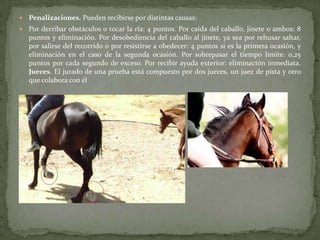  Penalizaciones. Pueden recibirse por distintas causas:
 Por derribar obstáculos o tocar la ría: 4 puntos. Por caída del caballo, jinete o ambos: 8
puntos y eliminación. Por desobediencia del caballo al jinete, ya sea por rehusar saltar,
por salirse del recorrido o por resistirse a obedecer: 4 puntos si es la primera ocasión, y
eliminación en el caso de la segunda ocasión. Por sobrepasar el tiempo límite: 0,25
puntos por cada segundo de exceso. Por recibir ayuda exterior: eliminación inmediata.
Jueces. El jurado de una prueba está compuesto por dos jueces, un juez de pista y otro
que colabora con él
 