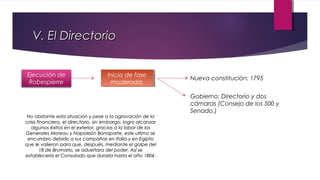 V. El Directorio
Ejecución de
Robespierre

Inicio de fase
Inicio de fase
moderada.
moderada.

No obstante esta situación y pese a la agravación de la
crisis financiera, el directorio, sin embargo, logro alcanzar
algunos éxitos en el exterior, gracias a la labor de los
Generales Moreau y Napoleón Bonaparte, este ultimo se
encumbro debido a sus campañas en Italia y en Egipto
que le valieron para que, después, mediante el golpe del
18 de Brumario, se adueñara del poder. Así se
establecería el Consulado que duraría hasta el año 1804.

Nueva constitución: 1795
Gobierno: Directorio y dos
cámaras (Consejo de los 500 y
Senado.)

 
