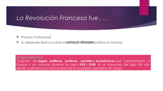 La Revolución Francesa fue . . .


Proceso multicausal.



Su desarrollo llevó a su final al ANTIGUO RÉGIMEN político en Francia.

Antiguo Régimen:
Conjunto de rasgos políticos, jurídicos, sociales y económicos que caracterizaron a
Europa y sus colonias durante los siglos XVII y XVIII. En el transcurso del siglo XIX irán
siendo sustituidos por otros propios de la sociedad capitalista de clases.

 