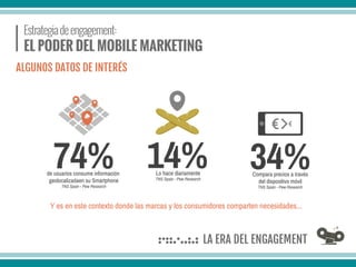 34%Compara precios a través
del dispositivo móvil
TNS Spain - Pew Research
74%de usuarios consume información
geolocalizadaen su Smartphone
TNS Spain - Pew Research
ALGUNOS DATOS DE INTERÉS
Y es en este contexto donde las marcas y los consumidores comparten necesidades...
14%Lo hace diariamente
TNS Spain - Pew Research
 