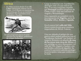 ÁfricaEn África avanzó desde el sur (El Cabo) intentando enlazar con el Sudán. Cecil Rhodes se anexionó los territorios que llevan su nombre (Rodesia), hoy repartidos entre Zimbabwe y Zambia. En esta progresión hacia el norte chocará con los Bóers, pobladores de origen holandés . Luego se enfrentan con  la población aborigen zulú a la que venció en 1879. Con esta conquista impidió que Portugal pudiera progresar de Oeste a Este y unir sus colonias de Angola y Mozambique.     Esta expansión se completó con la incorporación de Nigeria, parte de Somalia (1884), Kenia y Uganda.     En el control del valle del Nilo chocó contra la otra gran potencia imperialista de África: Francia.     Una vez alejado el peligro de una guerra entre ambas potencias tras el "IncidenteeFachoda" (en Sudán), el Imperio Británico se adueño de una de las áreas más ricas de África: el sur, pródigo en oro y diamantes; y el valle del Nilo (Egipto y Sudán), con sus fértiles cultivos de algodón. Su control le permitió además proteger las principales rutas que conducían a la India.