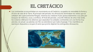 EL CRETÁCICO
 Los continentes se encontraban en movimiento en el Cretácico, ocupados en remodelar la forma y
el tono de vida de la Tierra. Al principio del periodo, los dinosaurios dominaban los restos que se
soltaban del supercontinente Pangea, mientras los roedores huían apresuradamente a sus pies por
bosques de helechos, cicas y coníferas. Al final del periodo, unos 80 millones de años más tarde,
los océanos rellenaron los abismos que separaban los aislados continentes con una forma muy
arecida a la actual. Las plantas con flor se extendieron por todo el paisaje. Y los mamíferos se
asentaron dispuestos a ocupar el vacío que pronto dejarían los extinguidos dinosaurios.
 
