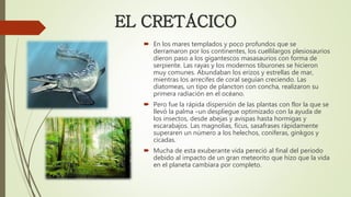  En los mares templados y poco profundos que se
derramaron por los continentes, los cuellilargos plesiosaurios
dieron paso a los gigantescos masasaurios con forma de
serpiente. Las rayas y los modernos tiburones se hicieron
muy comunes. Abundaban los erizos y estrellas de mar,
mientras los arrecifes de coral seguían creciendo. Las
diatomeas, un tipo de plancton con concha, realizaron su
primera radiación en el océano.
 Pero fue la rápida dispersión de las plantas con flor la que se
llevó la palma –un despliegue optimizado con la ayuda de
los insectos, desde abejas y avispas hasta hormigas y
escarabajos. Las magnolias, ficus, sasafrases rápidamente
superaren un número a los helechos, coníferas, ginkgos y
cicadas.
 Mucha de esta exuberante vida pereció al final del periodo
debido al impacto de un gran meteorito que hizo que la vida
en el planeta cambiara por completo.
EL CRETÁCICO
 