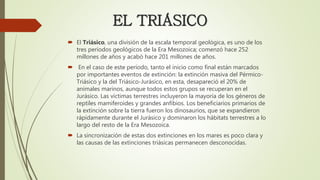 EL TRIÁSICO
 El Triásico, una división de la escala temporal geológica, es uno de los
tres períodos geológicos de la Era Mesozoica; comenzó hace 252
millones de años y acabó hace 201 millones de años.
 En el caso de este período, tanto el inicio como final están marcados
por importantes eventos de extinción: la extinción masiva del Pérmico-
Triásico y la del Triásico-Jurásico, en esta, desapareció el 20% de
animales marinos, aunque todos estos grupos se recuperan en el
Jurásico. Las víctimas terrestres incluyeron la mayoría de los géneros de
reptiles mamiferoides y grandes anfibios. Los beneficiarios primarios de
la extinción sobre la tierra fueron los dinosaurios, que se expandieron
rápidamente durante el Jurásico y dominaron los hábitats terrestres a lo
largo del resto de la Era Mesozoica.
 La sincronización de estas dos extinciones en los mares es poco clara y
las causas de las extinciones triásicas permanecen desconocidas.
 