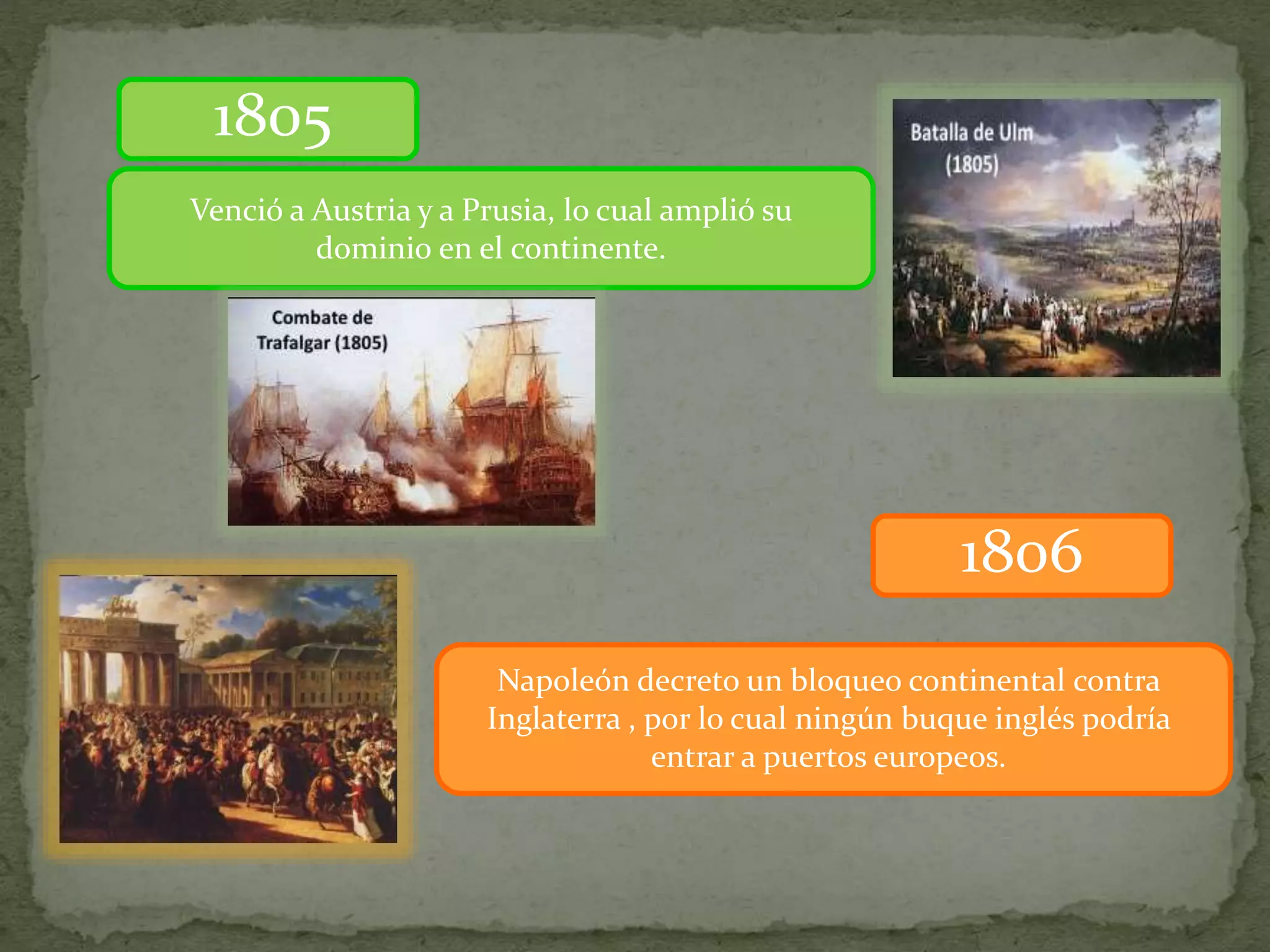 Venció a Austria y a Prusia, lo cual amplió su
dominio en el continente.
1805
1806
Napoleón decreto un bloqueo continental contra
Inglaterra , por lo cual ningún buque inglés podría
entrar a puertos europeos.
 