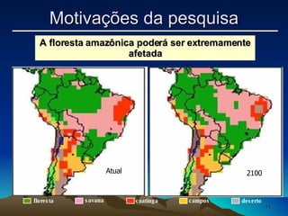 A floresta amazônica poderá ser extremamente afetada Motivações da pesquisa Atual 2100 floresta savana caatinga campos deserto 
