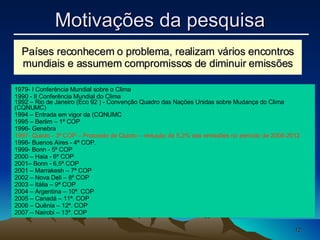 Países reconhecem o problema, realizam vários encontros mundiais e assumem compromissos de diminuir emissões Motivações da pesquisa 1979- I Conferência Mundial sobre o Clima 1990 - II Conferência Mundial do Clima 1992 – Rio de Janeiro (Eco 92 ) - Convenção Quadro das Nações Unidas sobre Mudança do Clima (CQNUMC)  1994 – Entrada em vigor da (CQNUMC 1995 – Berlim – 1ª COP 1996- Genebra  1997- Quioto - 3ª COP – Protocolo de Quioto – redução de 5,2% das emissões no período de 2008-2012  1998- Buenos Aires - 4ª COP. 1999- Bonn - 5ª COP 2000 – Haia - 6ª COP 2001– Bonn - 6,5ª COP  2001 – Marrakesh – 7ª COP 2002 – Nova Deli – 8ª COP  2003 – Itália – 9ª COP 2004 – Argentina – 10ª. COP  2005 – Canadá – 11ª. COP 2006 – Quênia – 12ª. COP 2007 – Nairobi – 13ª. COP 