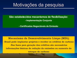 São estabelecidos mecanismos de flexibilização: - Implementação Conjunta - Certificados Negociáveis de Emissão Mecanismo de Desenvolvimento Limpo (MDL) Brasil pode implantar projetos e receber os créditos de carbono Nas fases para geração dos créditos são necessários informações básicas de redução da emissões ou aumento do estoque de carbono Motivações da pesquisa 