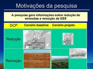 A pesquisa gera informações sobre redução de emissões e remoção de GEE Garantia de Adicionalidade Motivações da pesquisa DCP Cenário baseline Cenário projeto Redução Remoção 