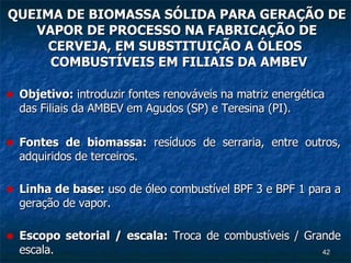 QUEIMA DE BIOMASSA SÓLIDA PARA GERAÇÃO DE VAPOR DE PROCESSO NA FABRICAÇÃO DE CERVEJA, EM SUBSTITUIÇÃO A ÓLEOS   COMBUSTÍVEIS EM FILIAIS DA AMBEV Objetivo:  introduzir fontes renováveis na matriz energética das Filiais da AMBEV em Agudos (SP) e Teresina (PI). Fontes de biomassa:  resíduos de serraria, entre outros, adquiridos de terceiros. Linha de base:  uso de óleo combustível BPF 3 e BPF 1 para a geração de vapor. Escopo setorial / escala:  Troca de combustíveis / Grande escala. 