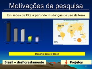 Emissões de CO 2  a partir de mudanças de uso da terra Brasil – desflorestamento Projetos Desafio para o Brasil Motivações da pesquisa 