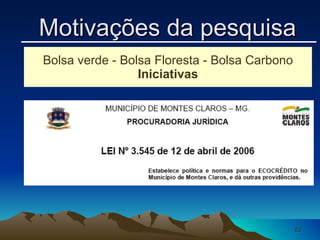 Bolsa verde - Bolsa Floresta - Bolsa Carbono Iniciativas Motivações da pesquisa 