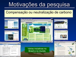 Compensação ou neutralização de carbono Várias iniciativas no Brasil e no mundo Motivações da pesquisa 