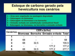 Estoque de carbono gerado pela heveicultura nos cenários 1 – Área sem vegetação ou pastagem degradada 2 – Estocagem na biomassa 3 – Estocagem na biomassa e na borracha 4 – Emissão evitada em substituição combustível fóssil 5 - Estocagem na biomassa, na borracha e emissão evitada 