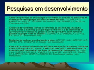 Pesquisas em desenvolvimento Análise do potencial de contribuição dos créditos de carbono na efetivação da conservação e revegetação das áreas de Mata Atlântica.   JACOVINE, L.A.G.; RIBEIRO, S.C. SILVA, M.L.; VALVERDE, S.R.; SOARES, C.P.B.; MARTINS, S.V.; SOUZA, A.L. (Financiamento – CNPq). Avaliação da viabilidade técnica e econômica de três culturas (macaúba, pinhão-manso e mamona)  para produção do biodiesel e de alternativas de aproveitamento de resíduos gerados na cadeia produtiva, como forma de garantir e agregar renda ao produtor.   JACOVINE, L.A.G.; CARNEIRO, A.C.O.; VITAL, B.R.; SILVA, M.L. (financiamento CNPq). Seqüestro de carbono em arborização urbana .  JACOVINE, L.AG.J.; JACOVINE, L.A.G.; SOARES, C.P.B.; GONÇALVES, W.. (Estágio – sem financiamento). Valoração econômica de recursos hídricos e estoque de carbono em nascentes da bacia hidrográfica do rio turvo – MG como base para o estabelecimento de incentivos pela manutenção das áreas de preservação permanente.  JACOVINE, L.A.G.; VILAR, M.B.; DIAS, H.C.T.; SOARES, C.P.B.; SILVA, M.L.; VALVERDE, S.R.; SOARES, C.P.B.; MARTINS, S.V.; SOUZA, A.L.; RIBEIRO, S.C. (Dissertação de mestrado – sem financiamento) 