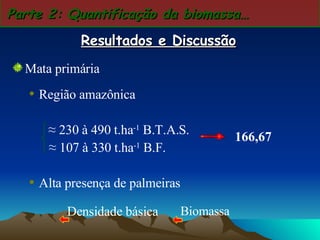 Parte 2: Quantificação da biomassa… Resultados e Discussão Mata primária Região amazônica ≈   230 à 490 t.ha -1  B.T.A.S. ≈  107 à 330  t.ha -1  B.F. Alta presença de palmeiras 166,67   Densidade básica Biomassa 