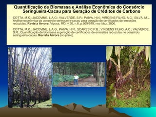 Quantificação de Biomassa e Análise Econômica do Consórcio Seringueira-Cacau para Geração de Créditos de Carbono COTTA, M.K.; JACOVINE, L.A.G.; VALVERDE, S.R.; PAIVA, H.N.; VIRGENS FILHO, A.C.; SILVA, M.L. Análise econômica do consórcio seringueira-cacau para geração de certificados de emissões reduzidas,  Revista Árvore , Viçosa, MG, v.30, n.6, p.969-979, nov./dez. 2006. COTTA, M.K.; JACOVINE, L.A.G.; PAIVA, H.N.; SOARES.C.P.B.; VIRGENS FILHO, A.C.; VALVERDE, S.R.; Quantificação de biomassa e geração de certificados de emissões reduzidas no consórcio seringueira-cacau . Revista Árvore  (no prelo). 